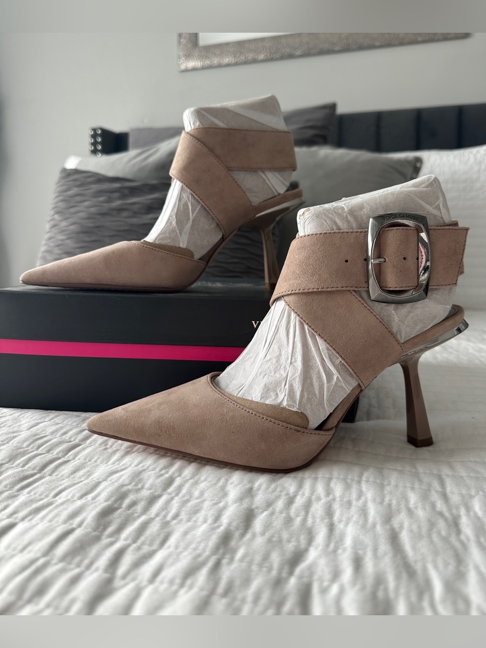 Vince Camuto Pointed Toe Suede Taupe Buckle Pumps